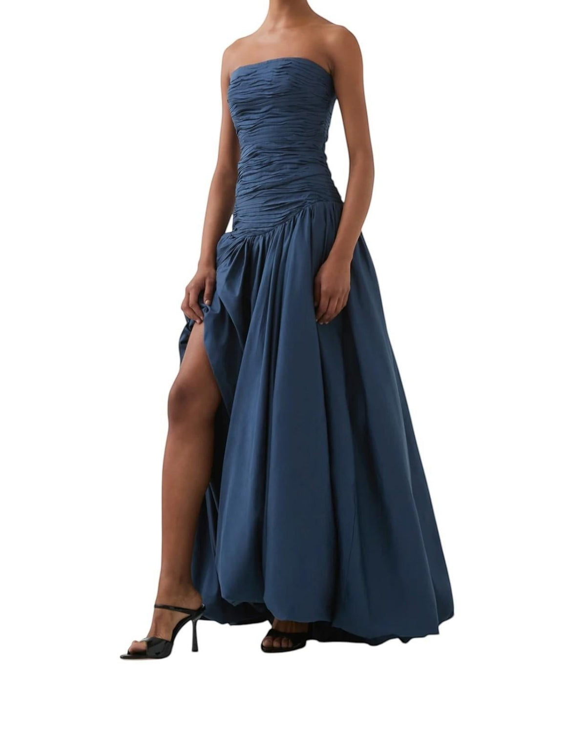 Naked Pear Aje Violette slate blue cotton maxi skirt with ruched waist, asymmetric draping, and bubble hem