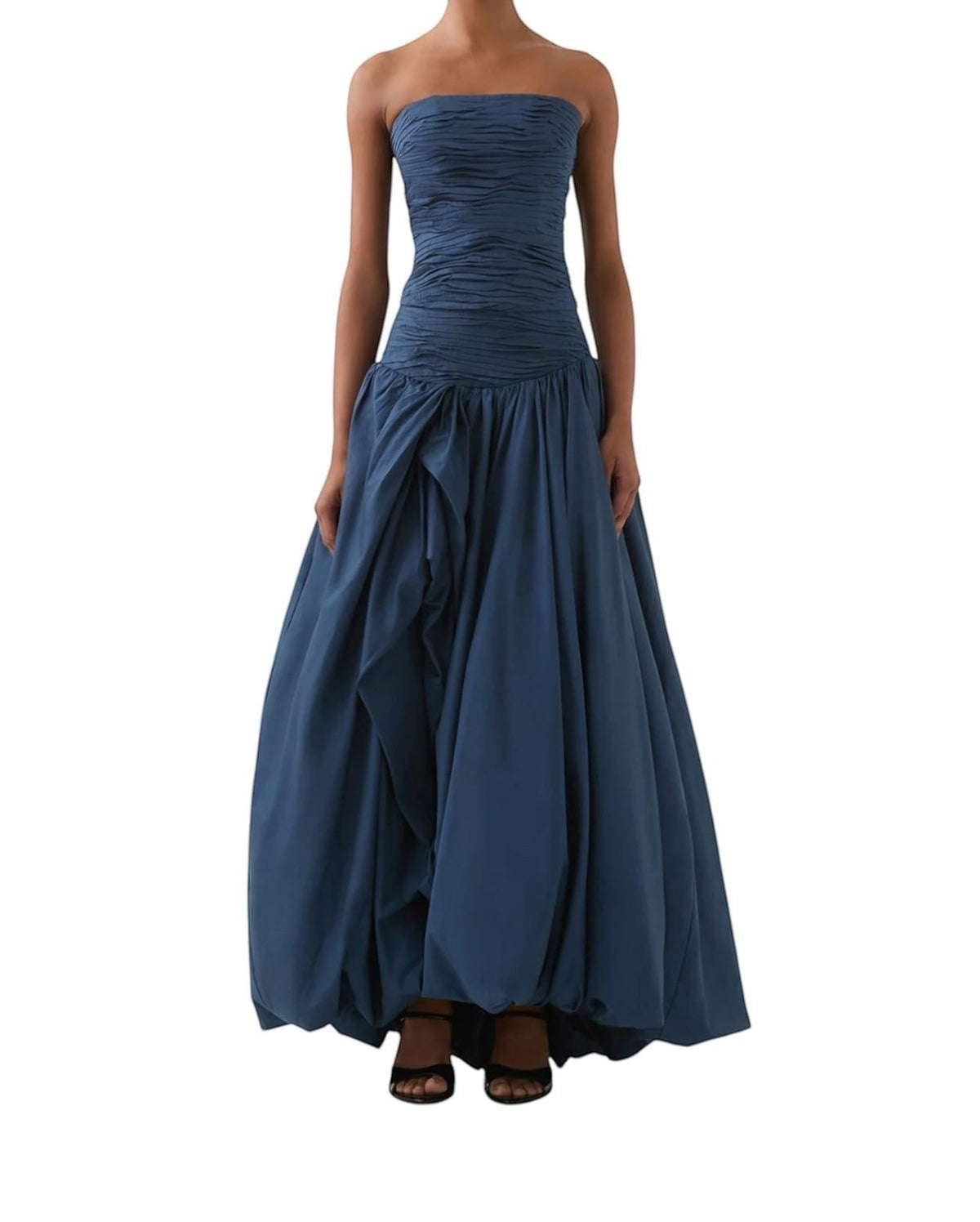 Naked Pear Aje Violette slate blue cotton maxi skirt with ruched waist, asymmetric draping, and voluminous bubble hem