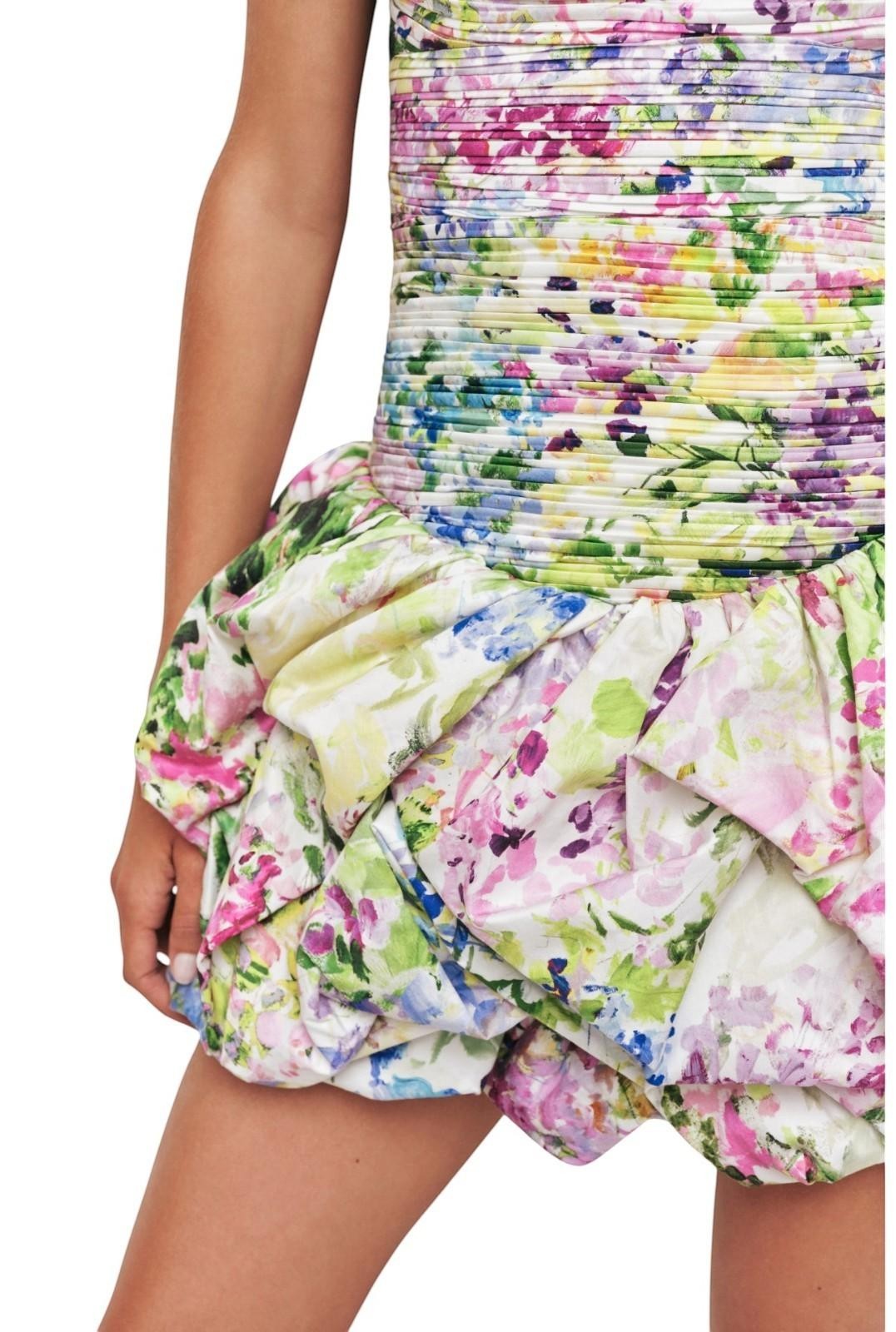 Naked Pear Aje Violette strapless mini dress in Lavandula floral print cotton with a ruched bodice and bubble hem