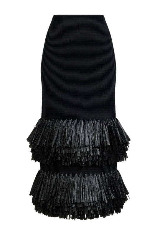 Black skirt with layered fringe design on a white background