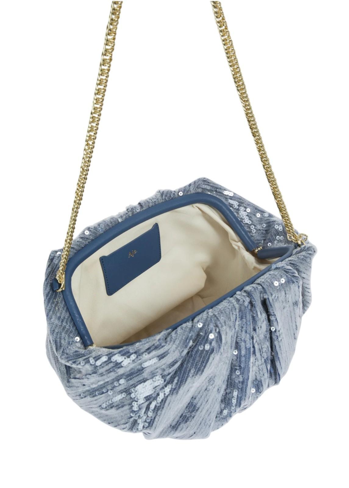 Blue sequin handbag with gold chain strap on a white background