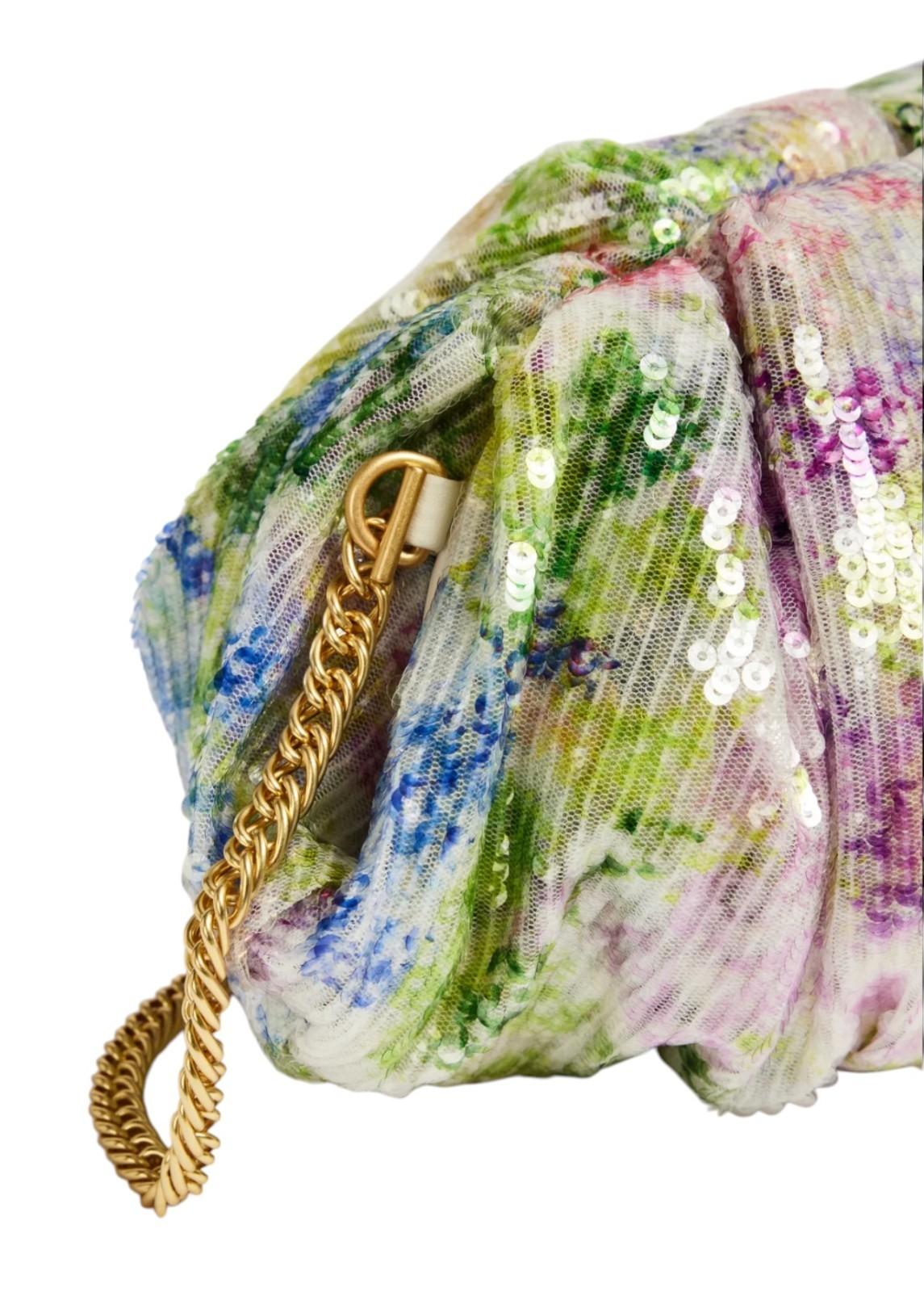 Multicolored sequined bag with a gold chain handle on a white background