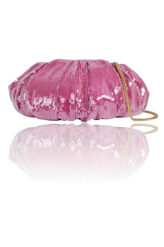 Pink clutch bag with a gold chain on a white background