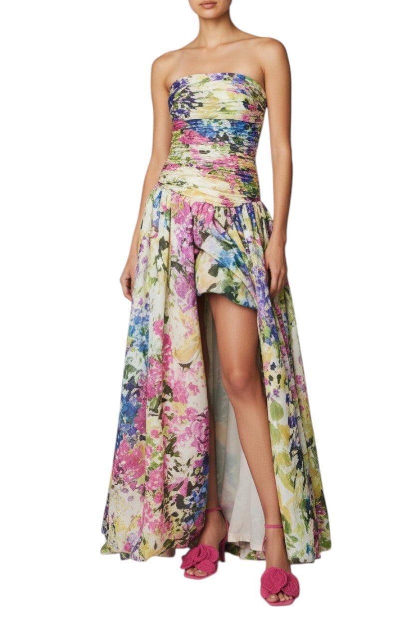 AI generated woman of Woman wearing a strapless floral dress with a high-low hem on a white background