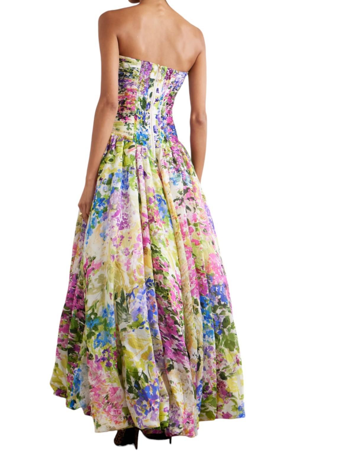 Multicolored floral strapless dress on a white background