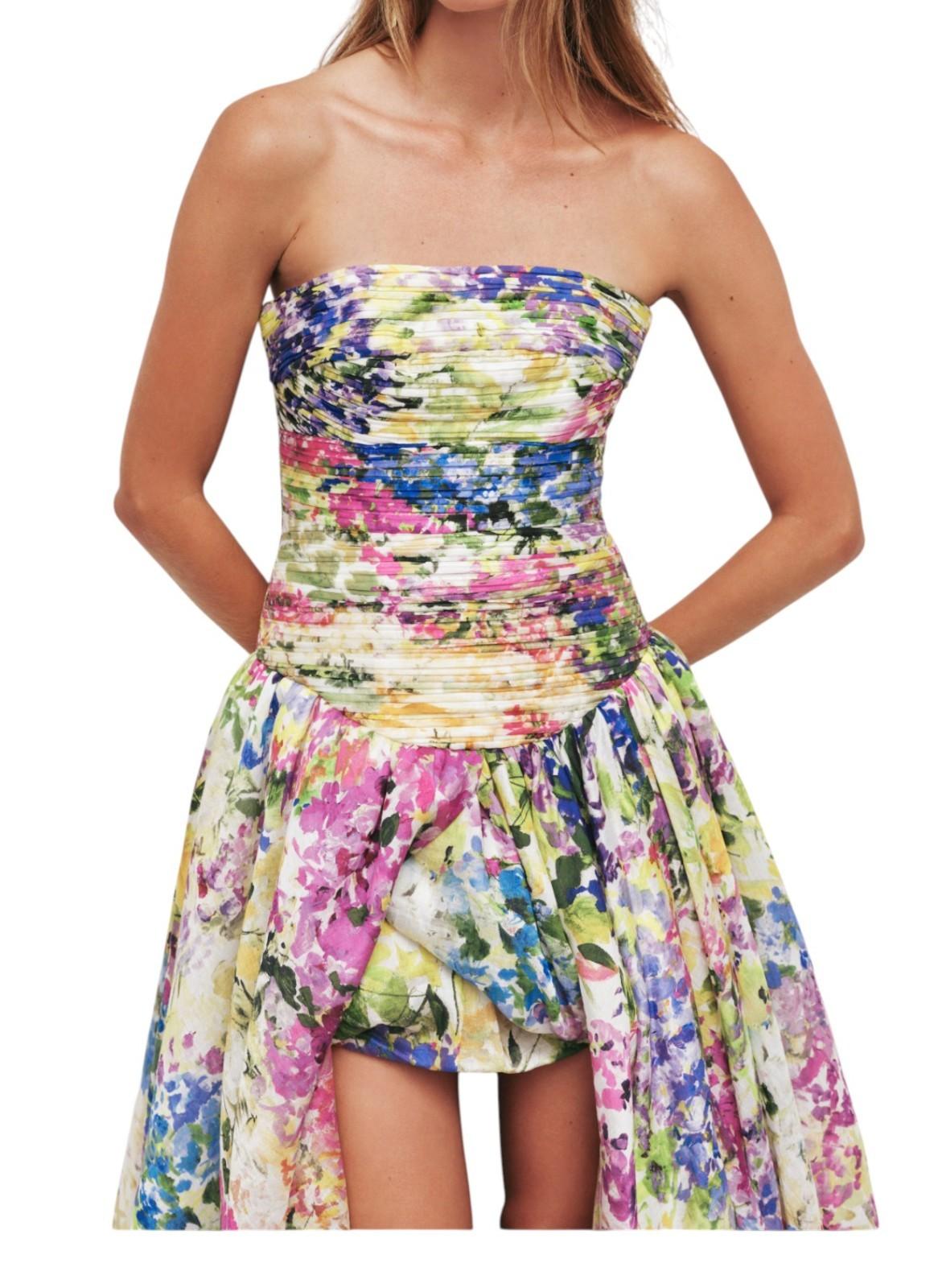 Multicolored strapless dress with floral pattern on a white background