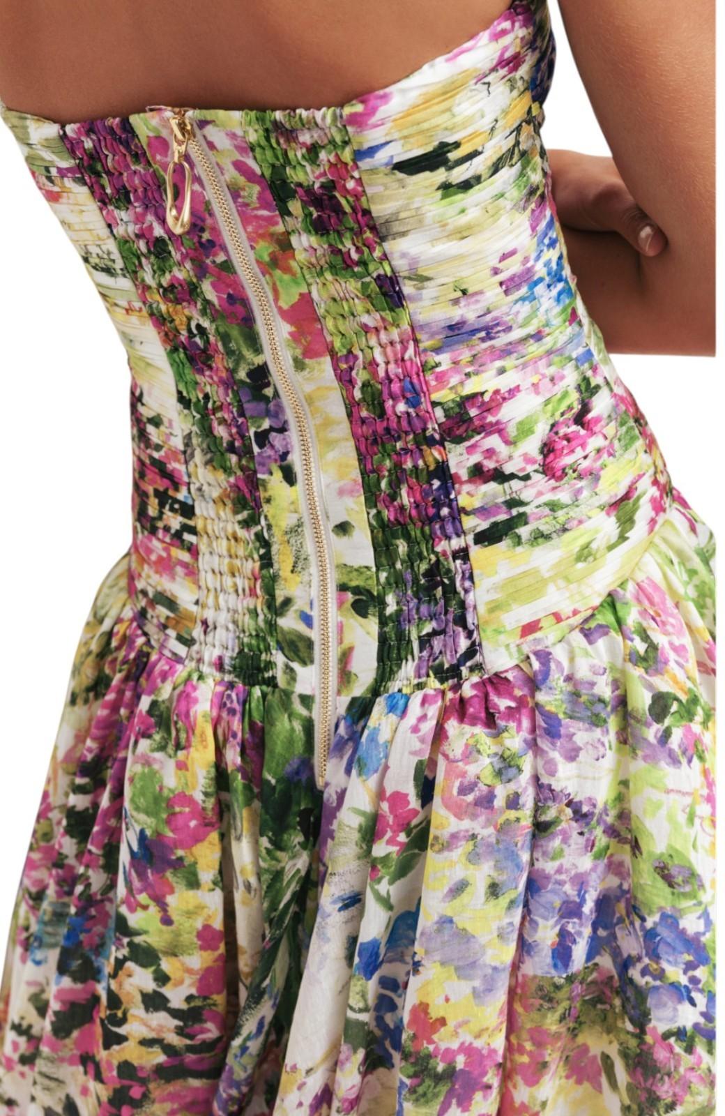 Multicolored floral dress with a zipper detail on a white background