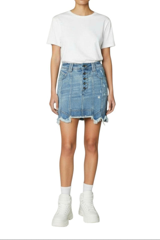 AI generated image of Person wearing a white t-shirt and denim skirt on a white background