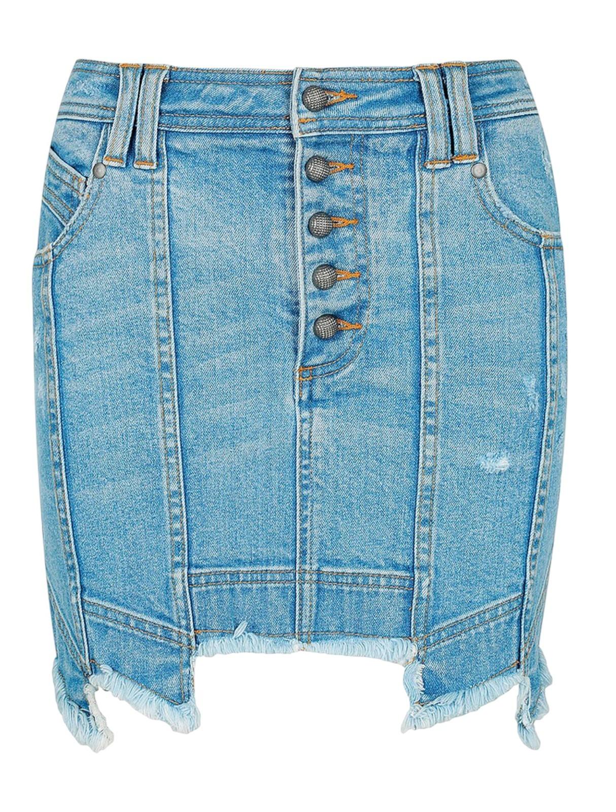 Blue denim skirt with button details on a white background