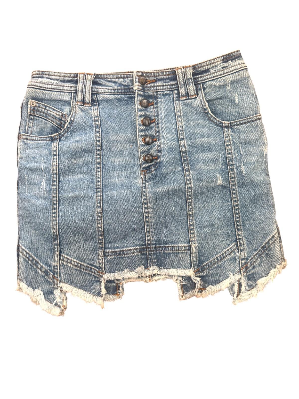 Denim skirt with button details on a white background