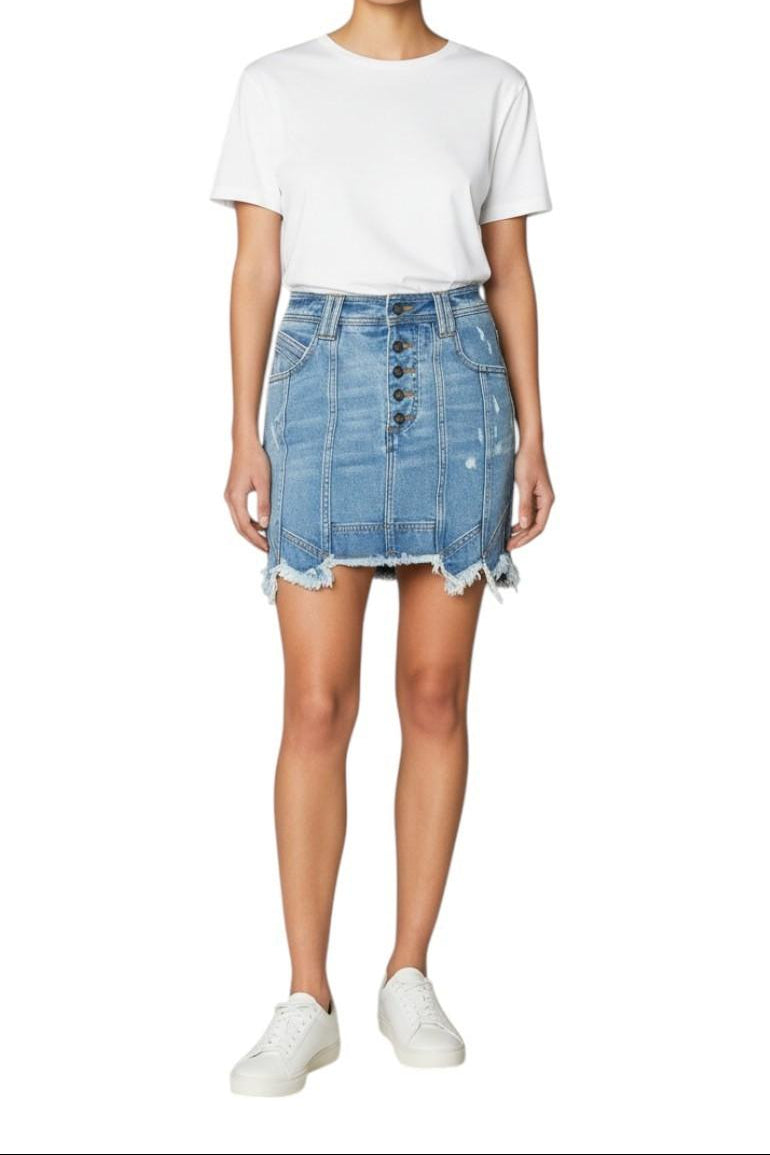 AI generated image of Person wearing a white t-shirt and blue denim skirt on a white background