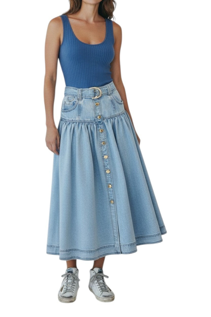 AI generated image of Woman wearing a blue tank top and denim skirt on a white background
