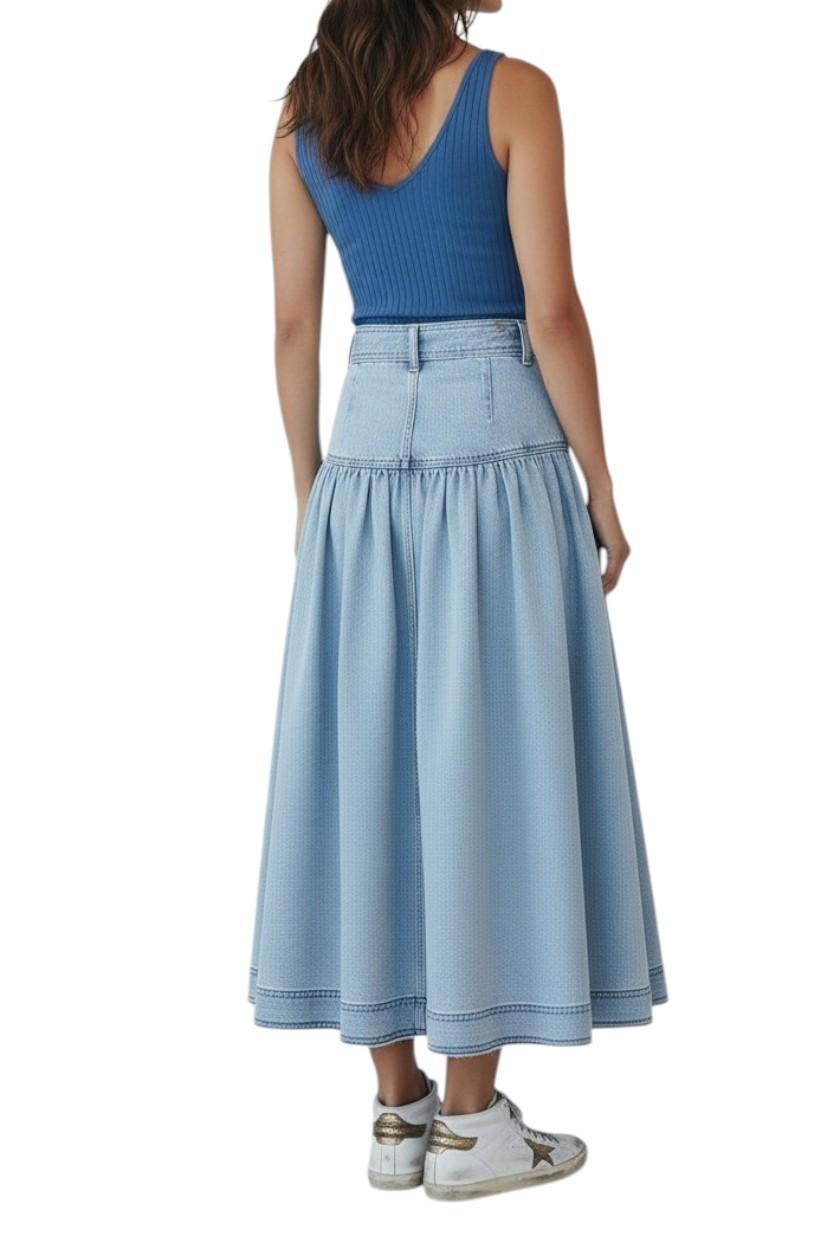 AI generated image of Woman wearing a blue tank top and light blue denim skirt on a white background