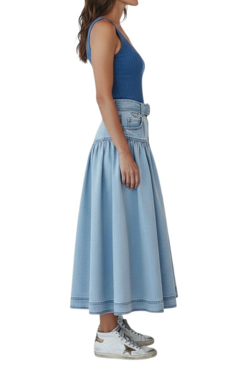 AI generated image of a Woman wearing a blue denim skirt and tank top on a white background