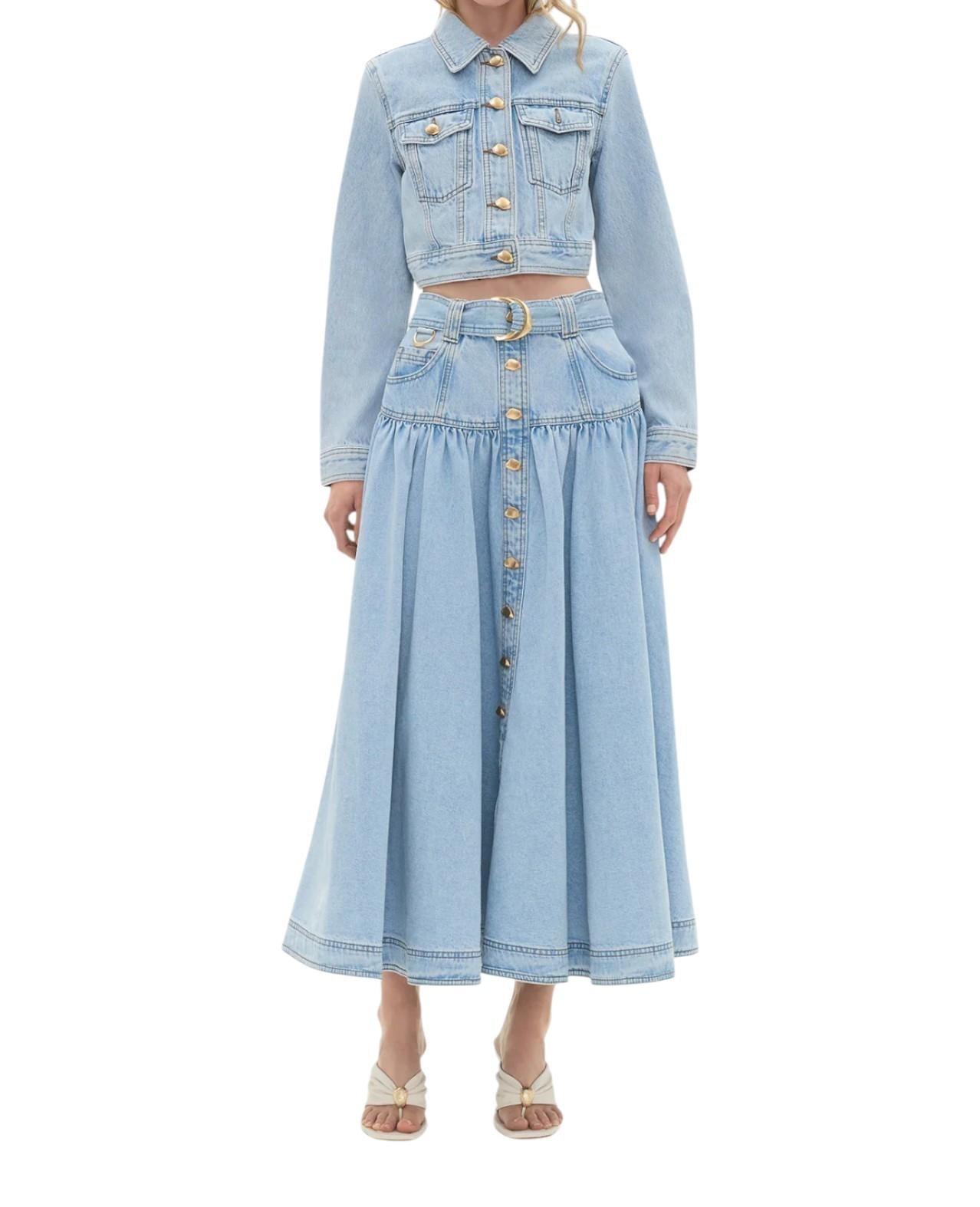 Light blue denim jacket and skirt set on a white background