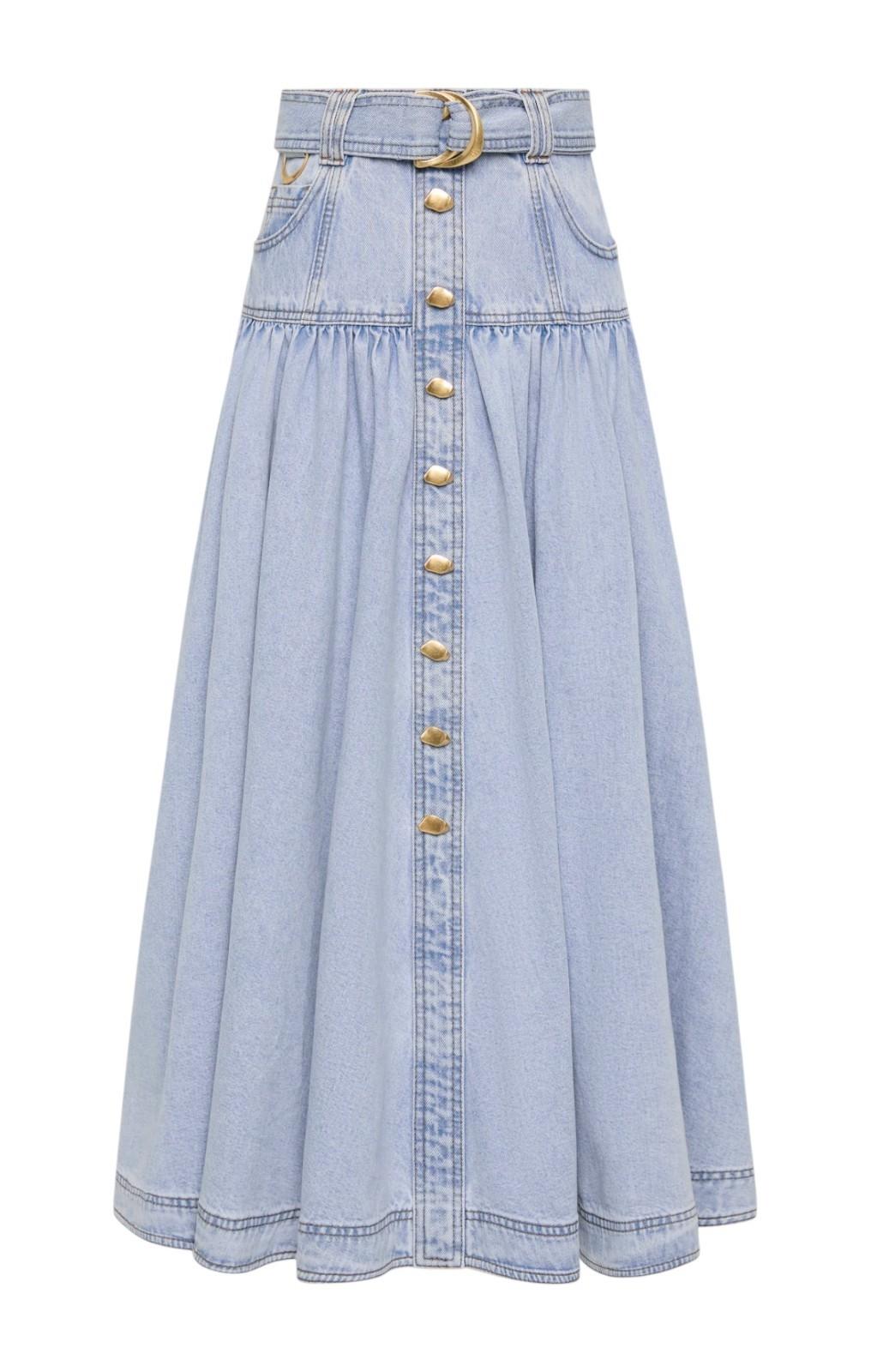 Light blue denim skirt with gold buttons and belt on a white background