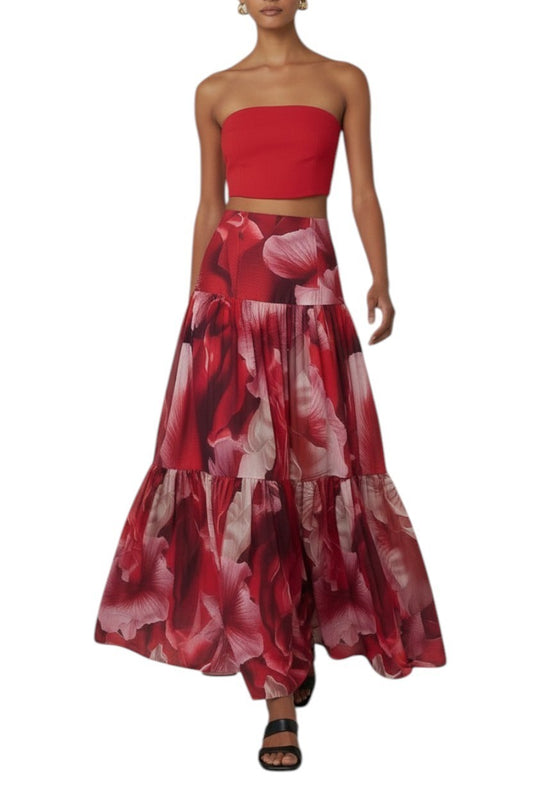 AI generated image of Red strapless top and floral skirt set on a white background