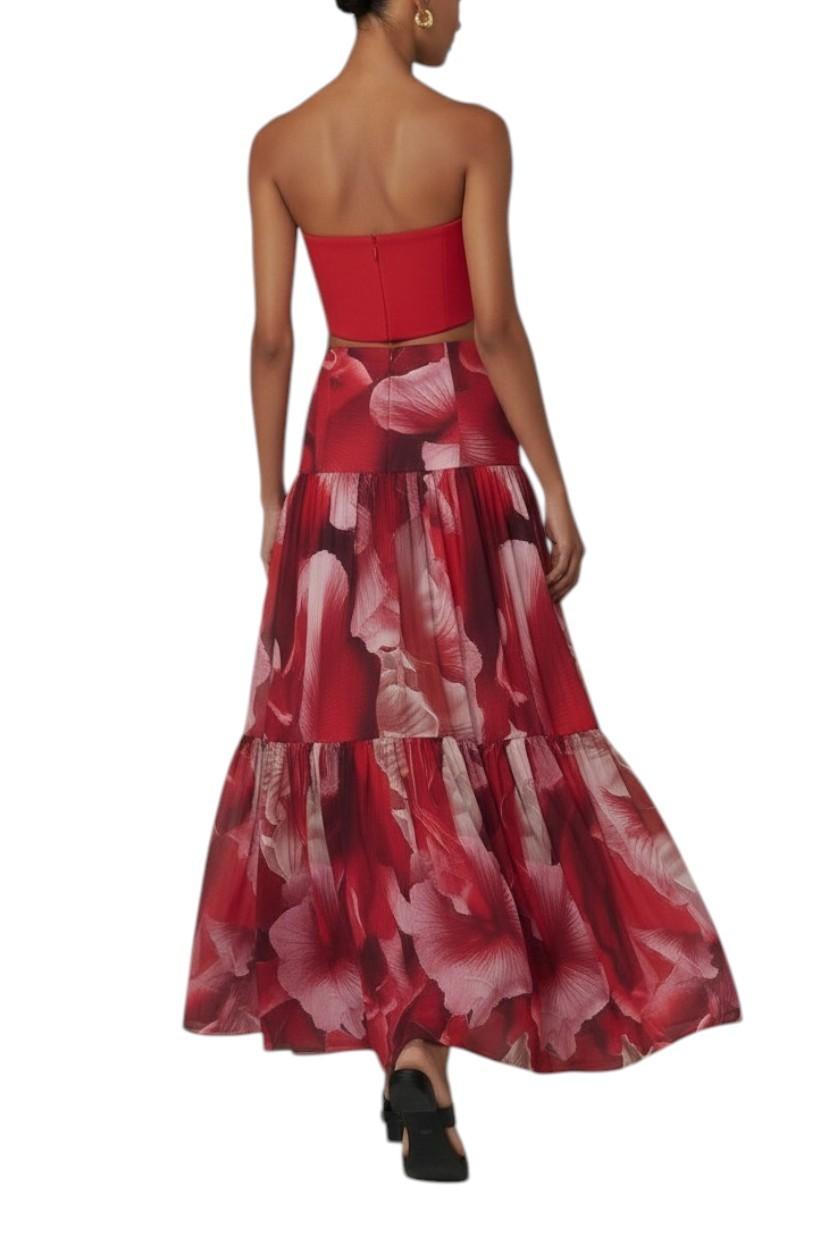 AI generated image of Red floral dress worn by a model on a white background