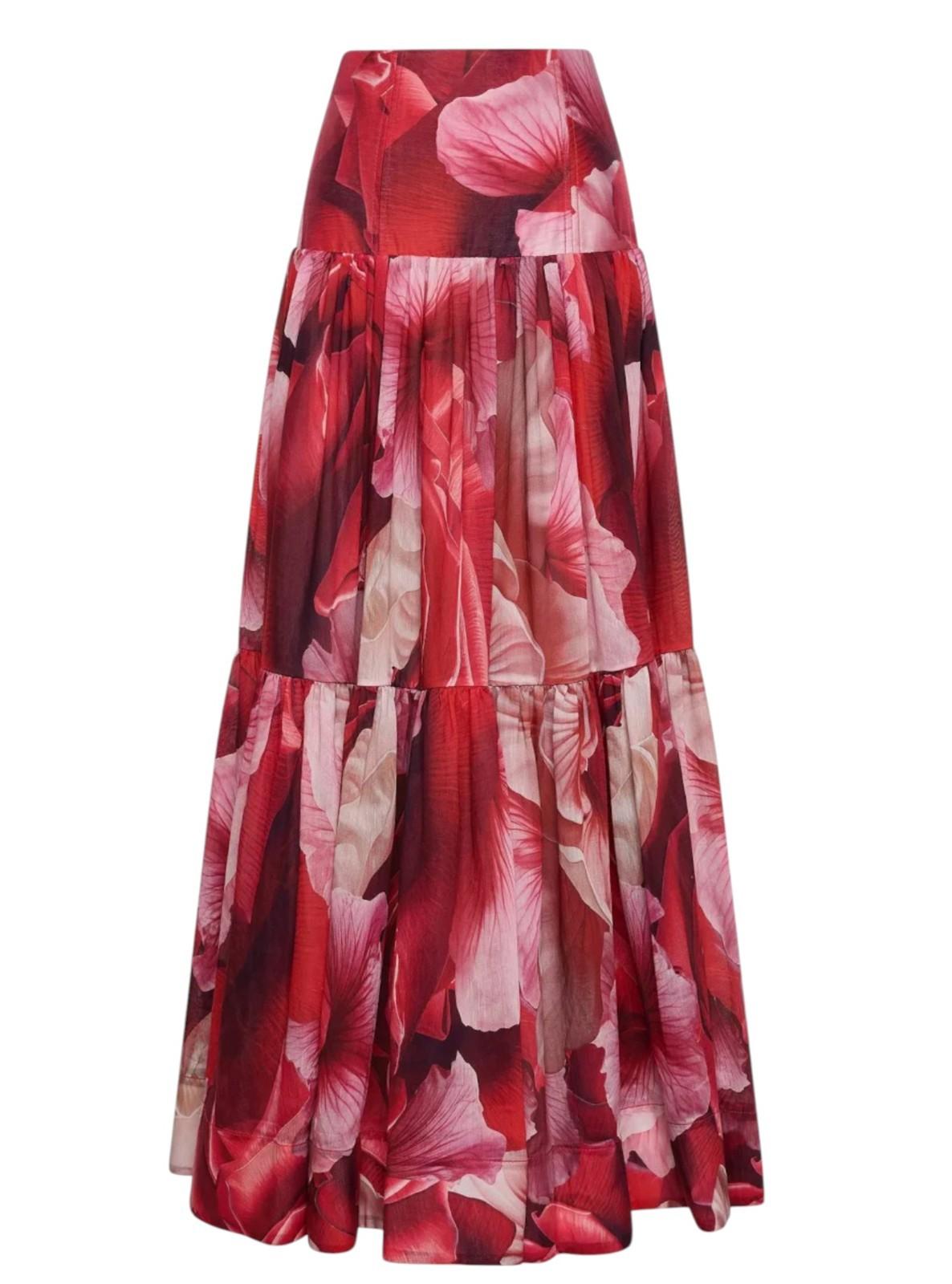 Red floral tiered skirt on a white background