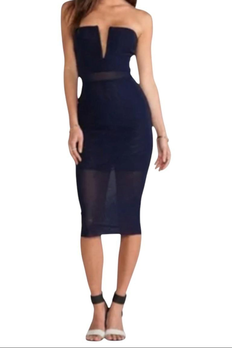 Bec + Bridge Nefertiti Midi Dress | Navy Blue, Stretch, Bodycon, Semi Lined Mesh