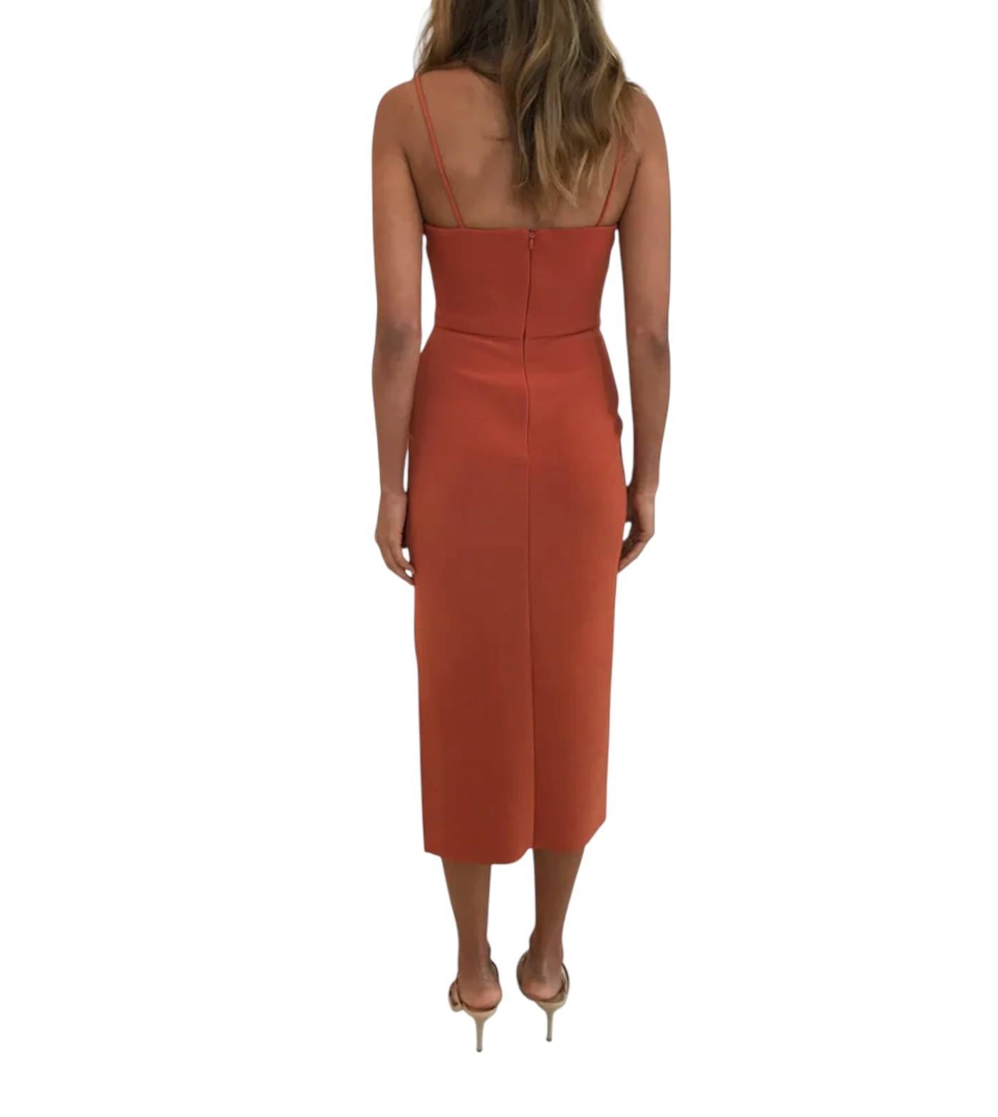 Bec + Bridge Ruby Midi Dress | Rust/Red, Stretch, Bodycon, Low V Neckline