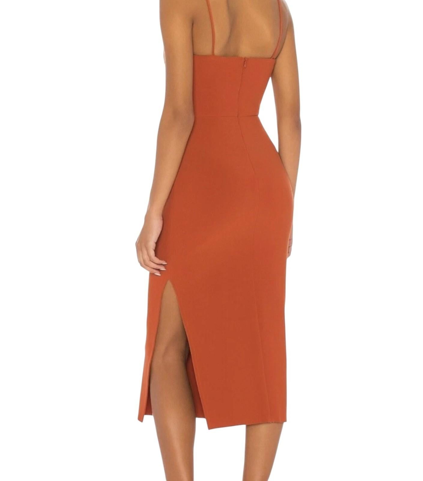 Bec + Bridge Ruby Midi Dress | Rust/Red, Stretch, Bodycon, Low V Neckline
