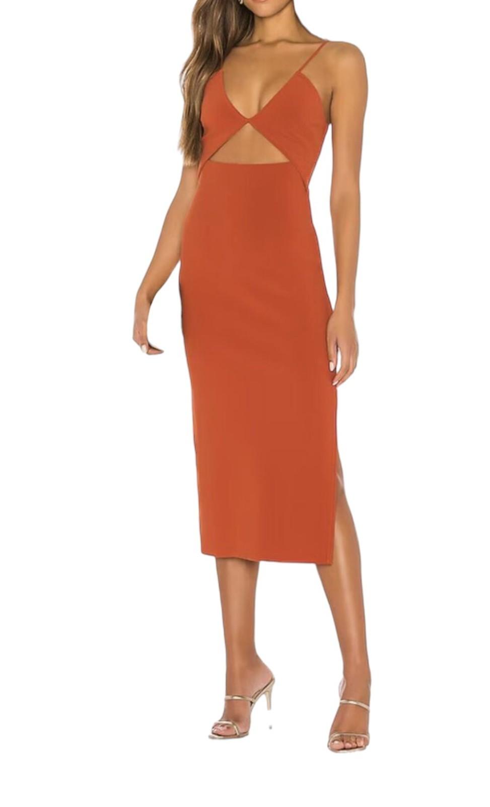 Bec + Bridge Ruby Midi Dress | Rust/Red, Stretch, Bodycon, Low V Neckline