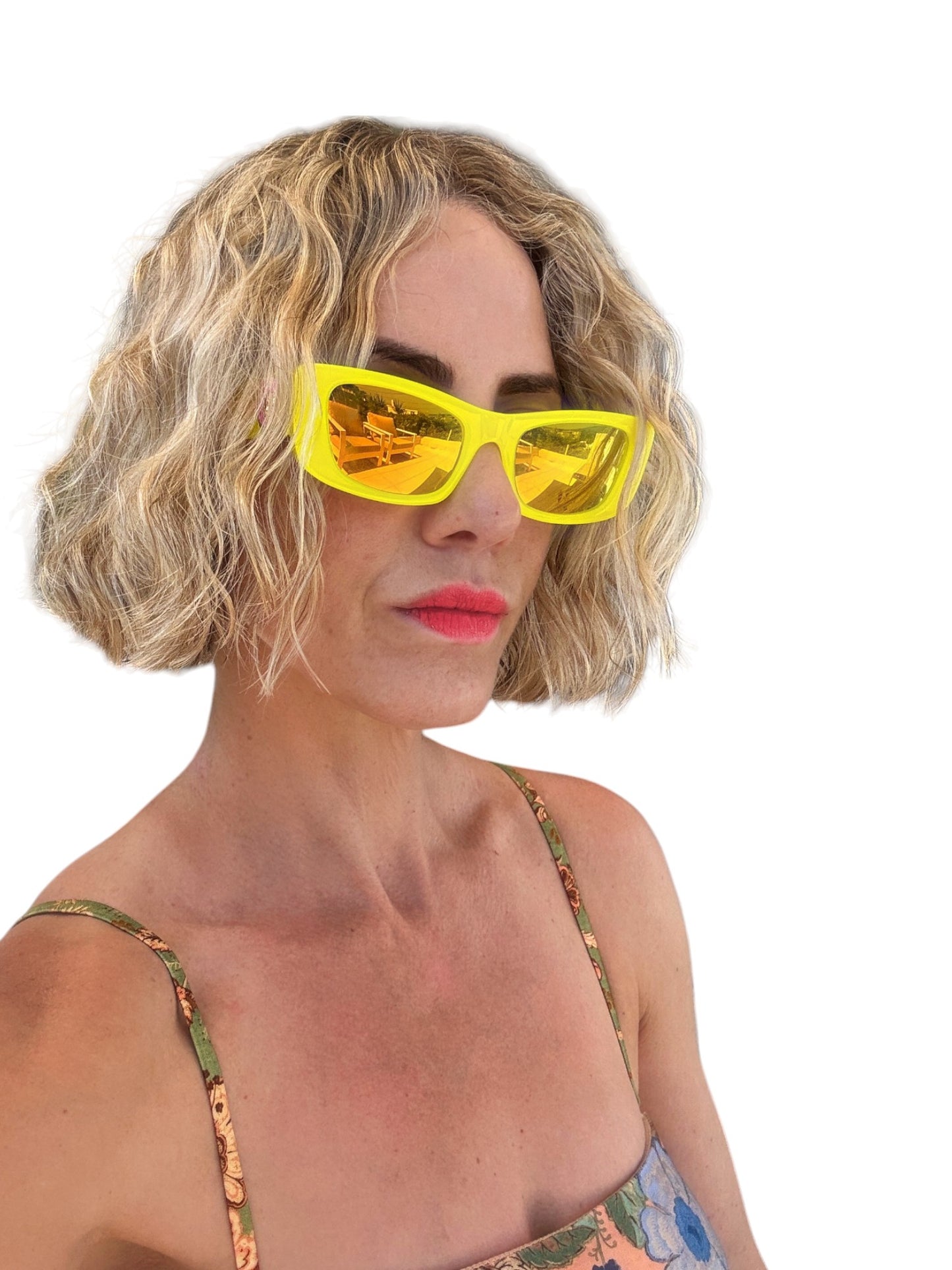 Camilla Ciao Ciao Sunglasses | Neon Yellow Acetate/Gold Jag, Rectangle, Mirrored