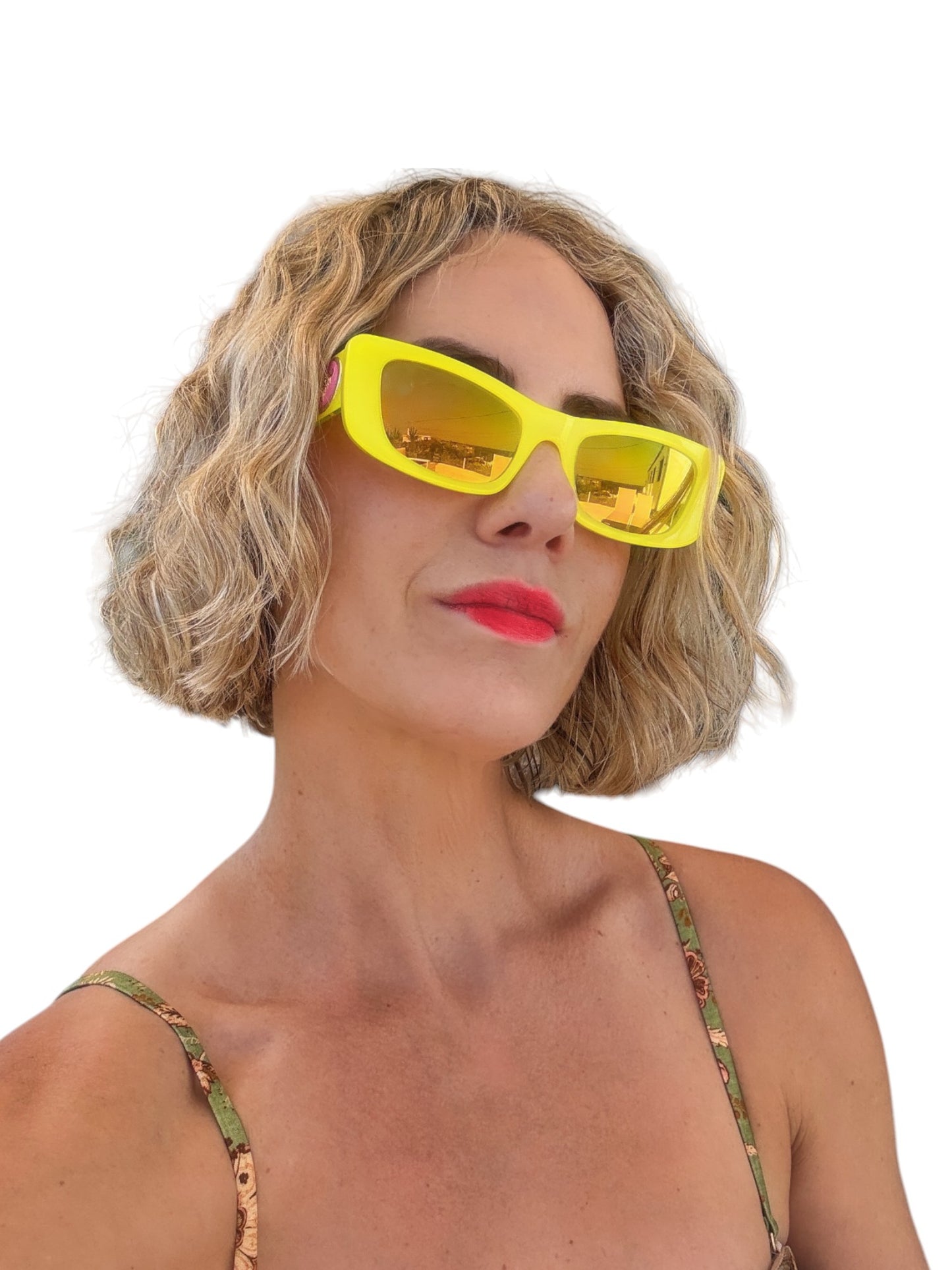 Camilla Ciao Ciao Sunglasses | Neon Yellow Acetate/Gold Jag, Rectangle, Mirrored