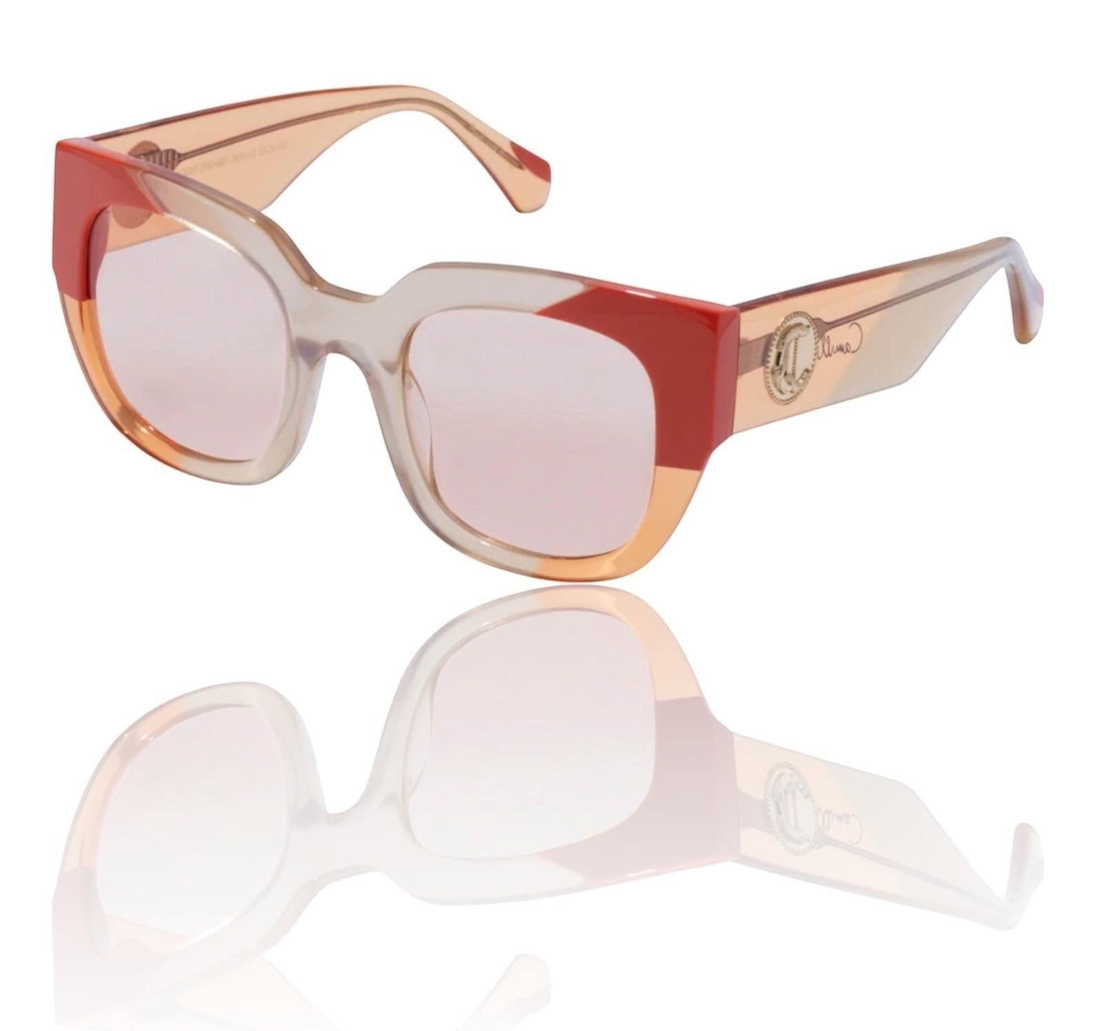 Naked Pear Camilla Decadent Dreams square sunglasses in cornsilk and tangerine acetate with amber lenses and gold hardware.