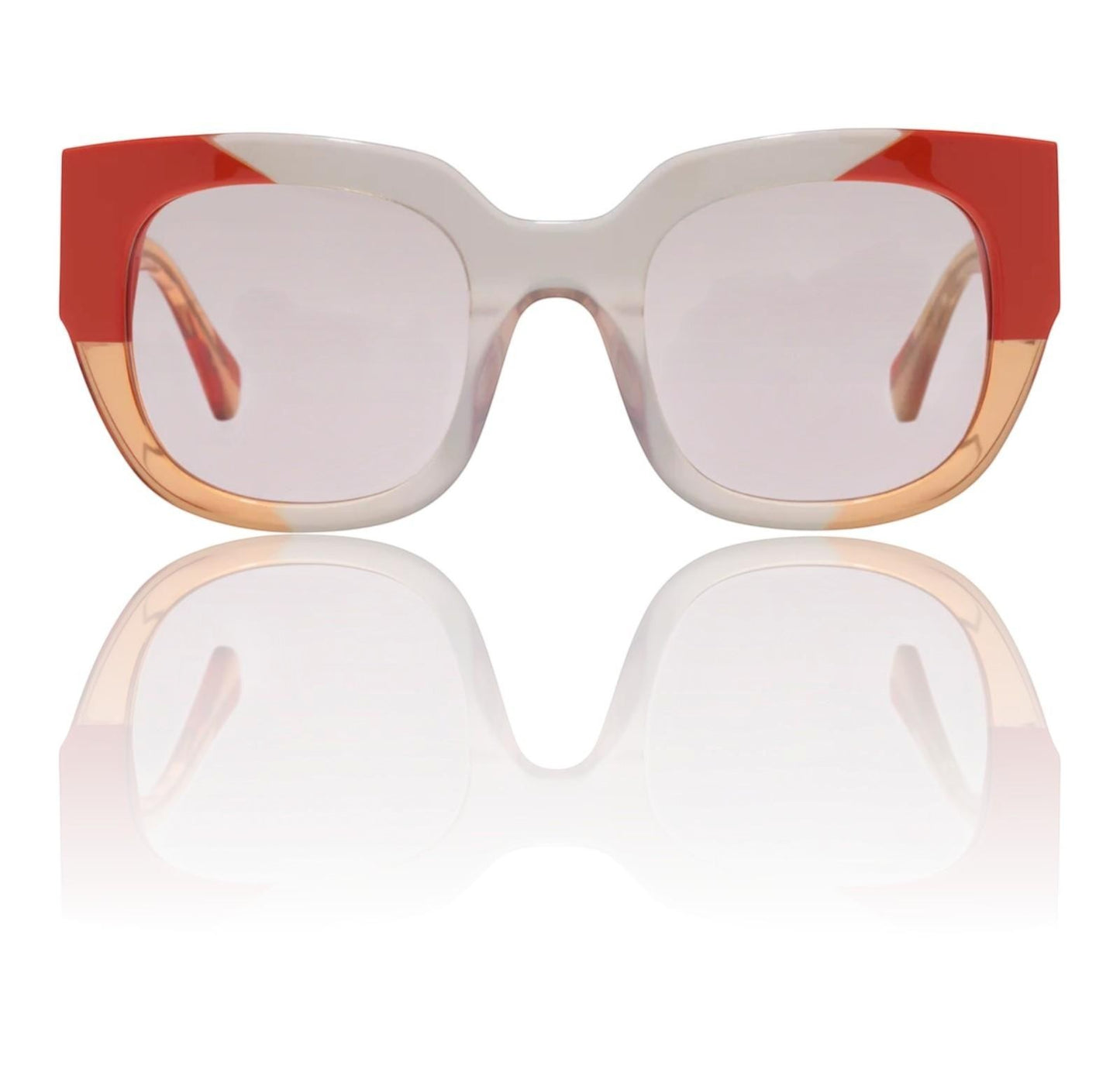 Naked Pear Camilla Decadent Dreams square sunglasses in cornsilk and tangerine acetate with amber lenses.
