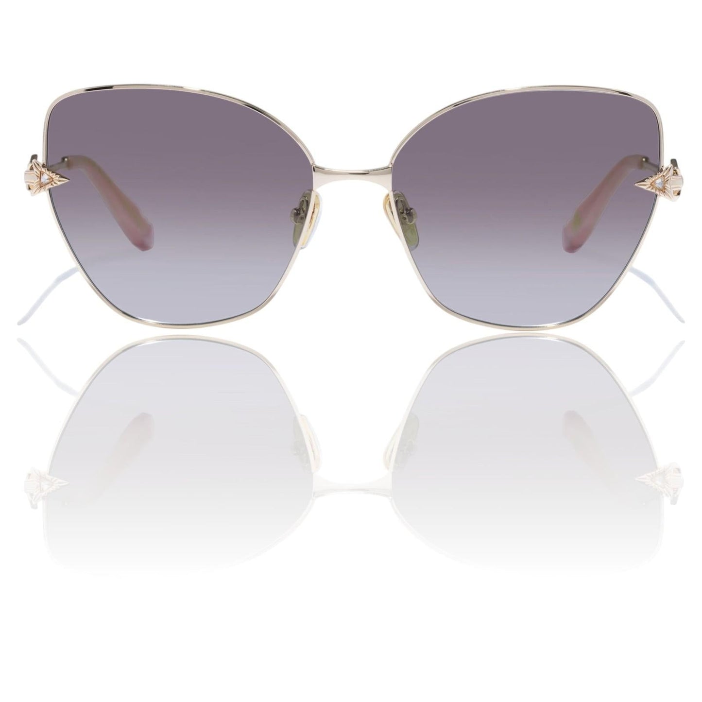 Naked Pear Camilla Desert Reign cat-eye sunglasses in gold and blush marble with grey gradient lenses and metal frames.