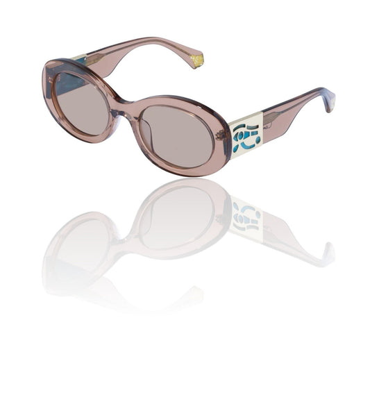 Naked Pear Camilla Desert Sand Storm oval sunglasses in caramel acetate with smokey rose mono lenses and gold hardware.