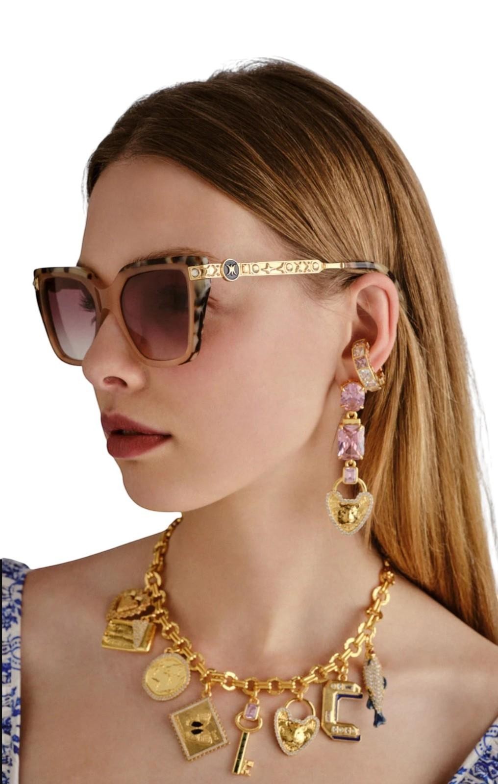 Naked Pear Camilla Here Comes Trouble cat eye sunglasses in tan tortoise shell acetate with gold crystal temples