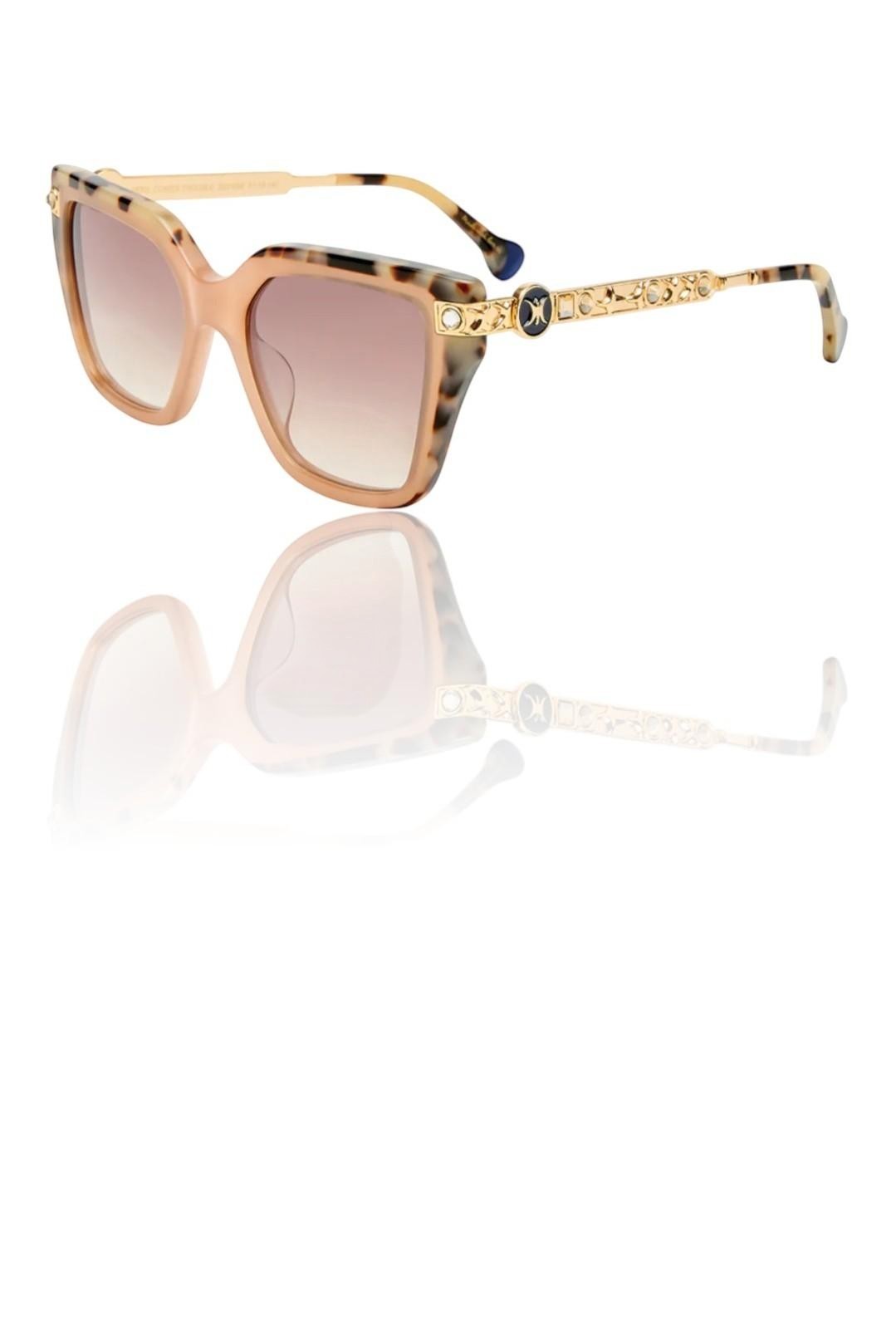 Naked Pear Camilla Here Comes Trouble cat eye sunglasses in tan tortoise shell acetate with gold crystal temples.