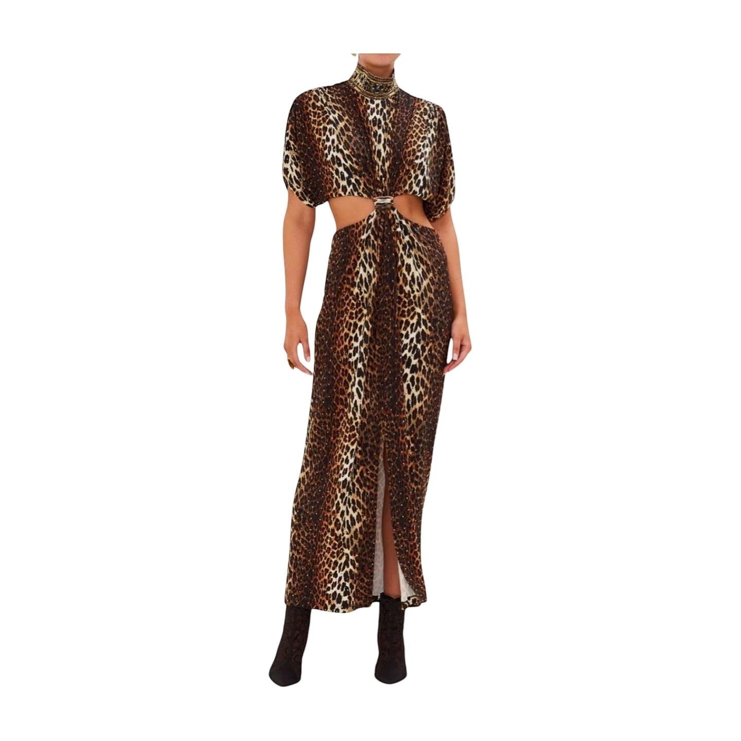 Naked Pear Camilla leopard print jersey midi dress with high neck, twist front, and waist cut-out detail