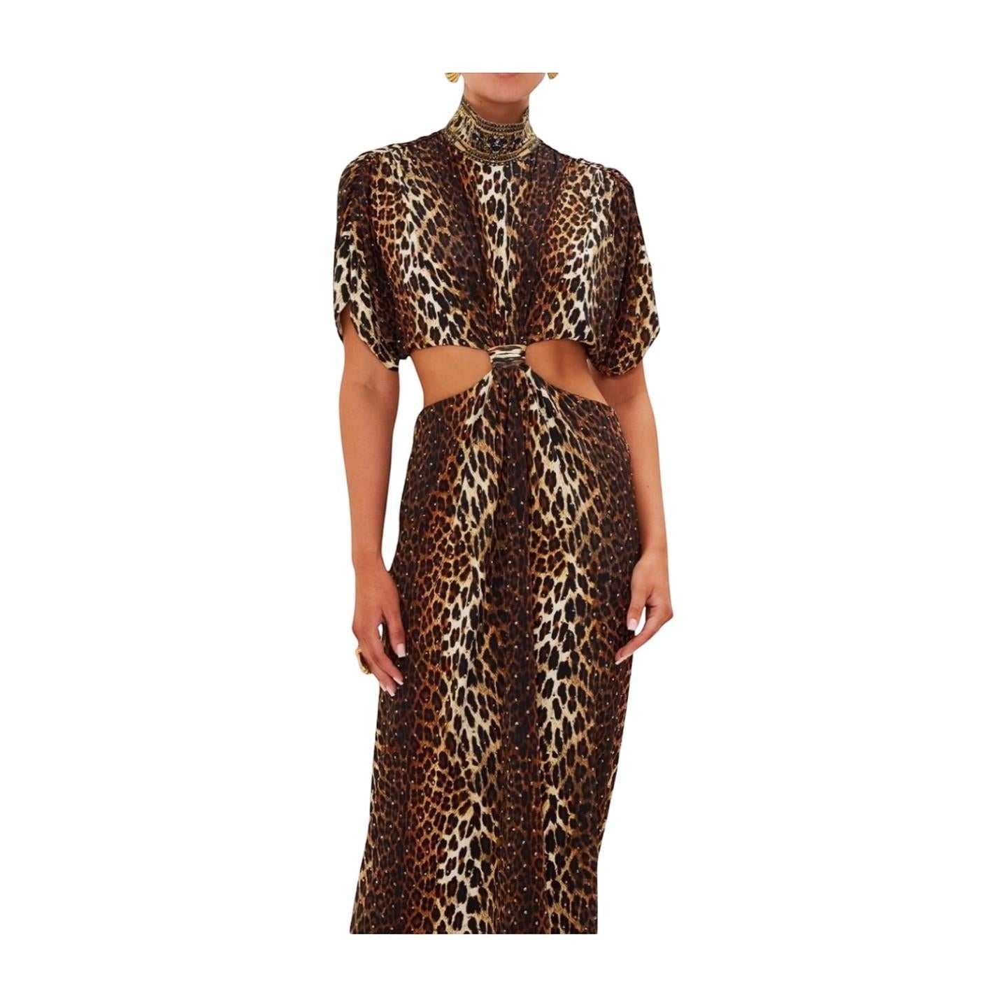 Naked Pear Camilla leopard print jersey midi dress with high neck, twist front, and waist cut-out detail.