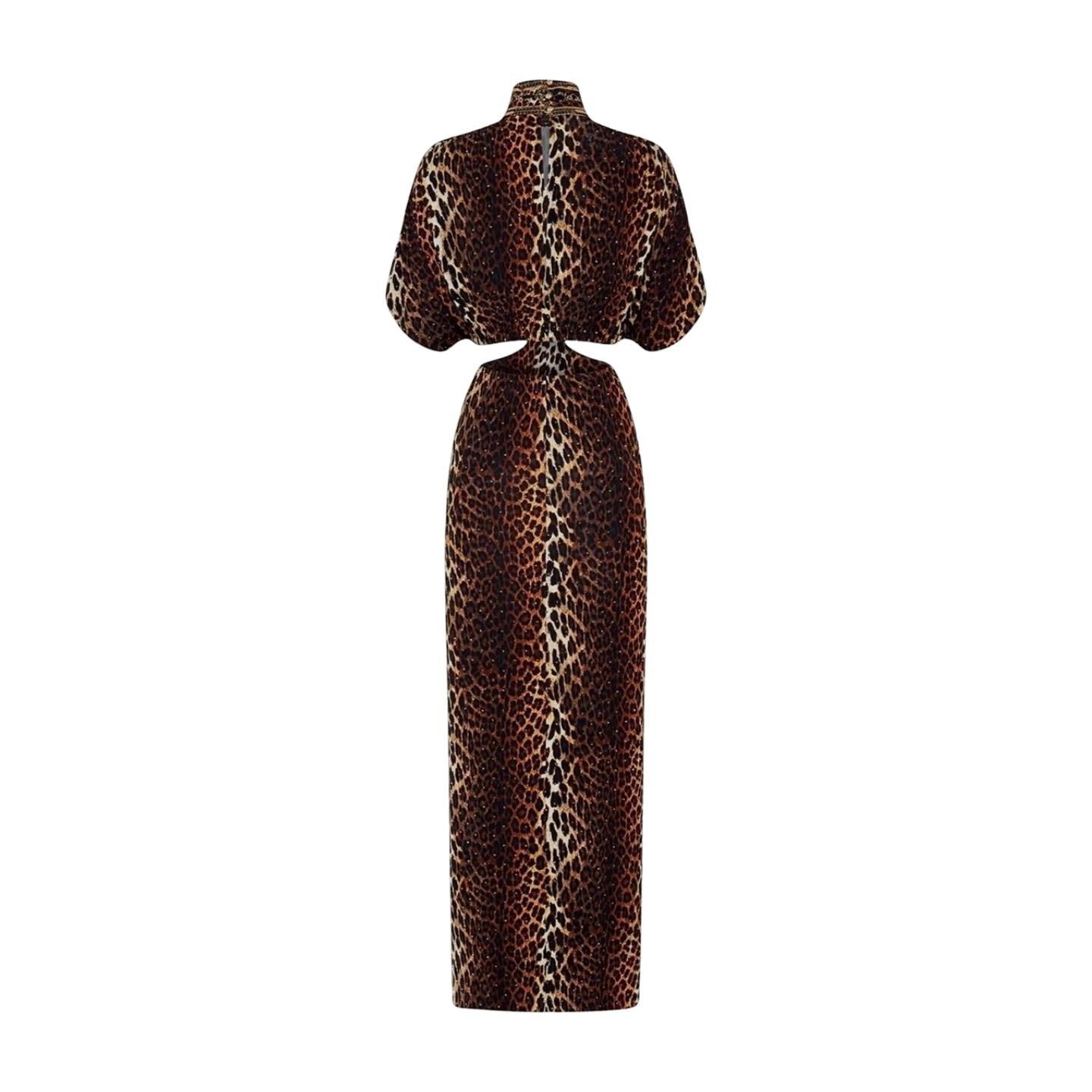 Naked Pear Camilla leopard print jersey midi dress with high neck, twist front, and waist cut-out detail.