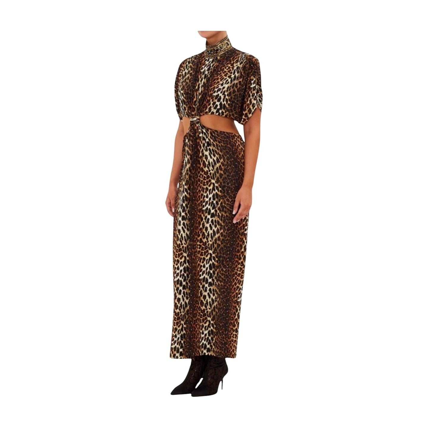 Naked Pear Camilla leopard print jersey midi dress with high neck, twist front, and waist cut-out detail.