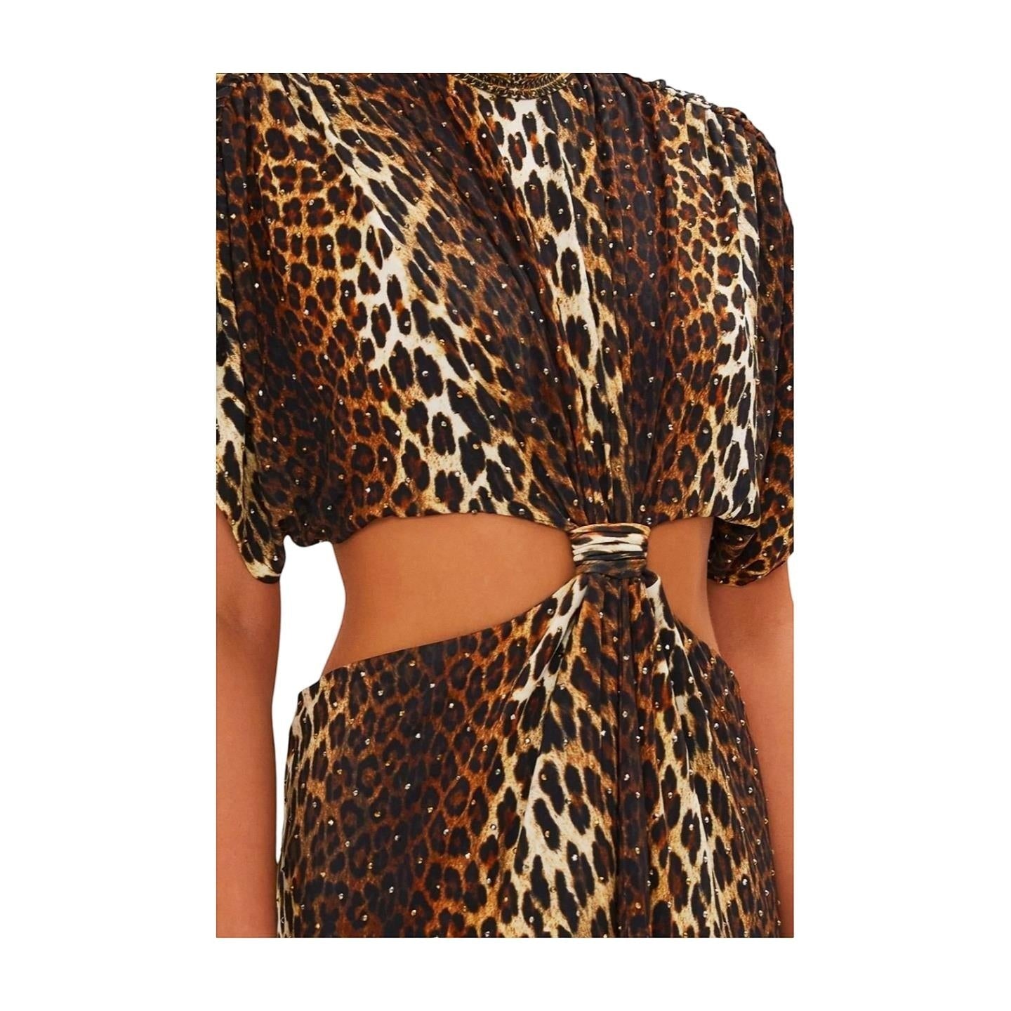 Naked Pear Camilla leopard print jersey midi dress featuring a high neck, twist front, and waist cut-out with crystals.