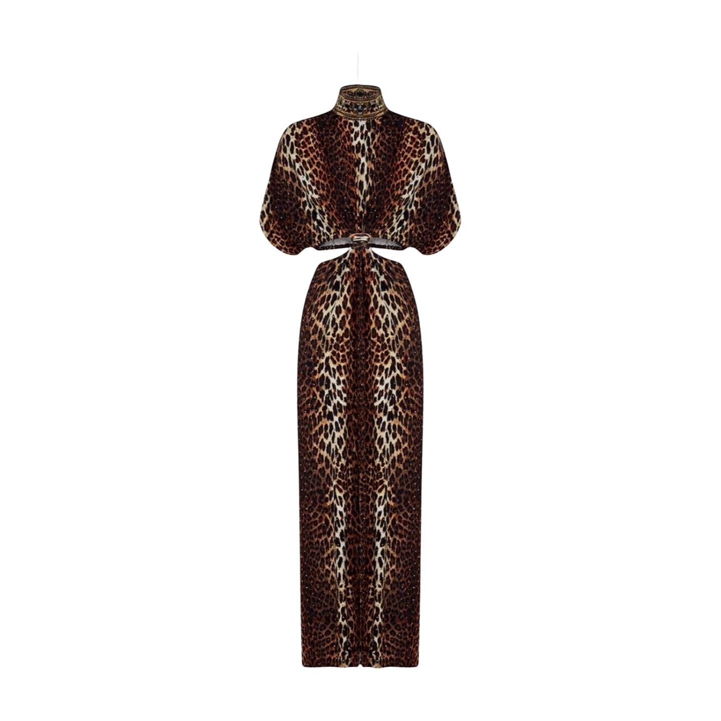 Naked Pear Camilla leopard print jersey midi dress with high neck, twist front, and waist cut-out detail.