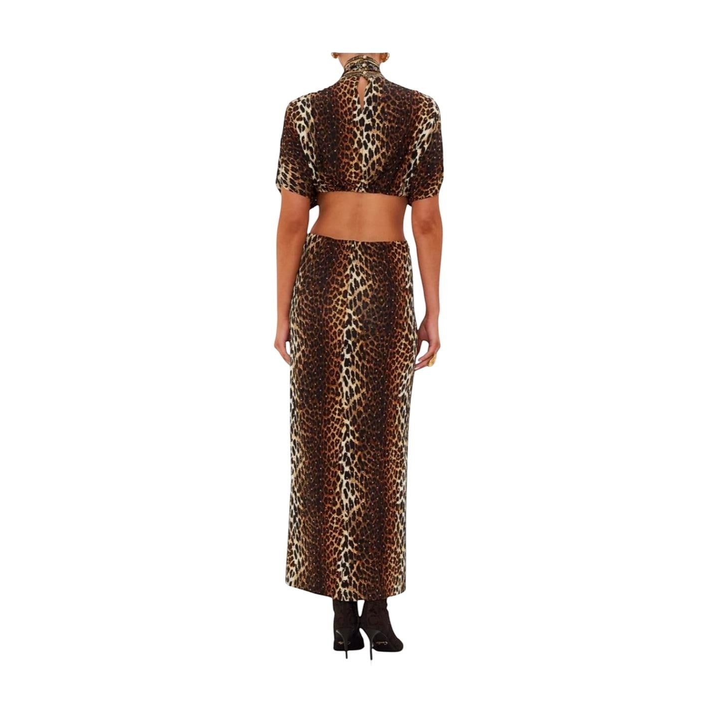 Back view of Naked Pear Camilla leopard print jersey midi dress with high neck, cut-out waist, and crystal embellishments