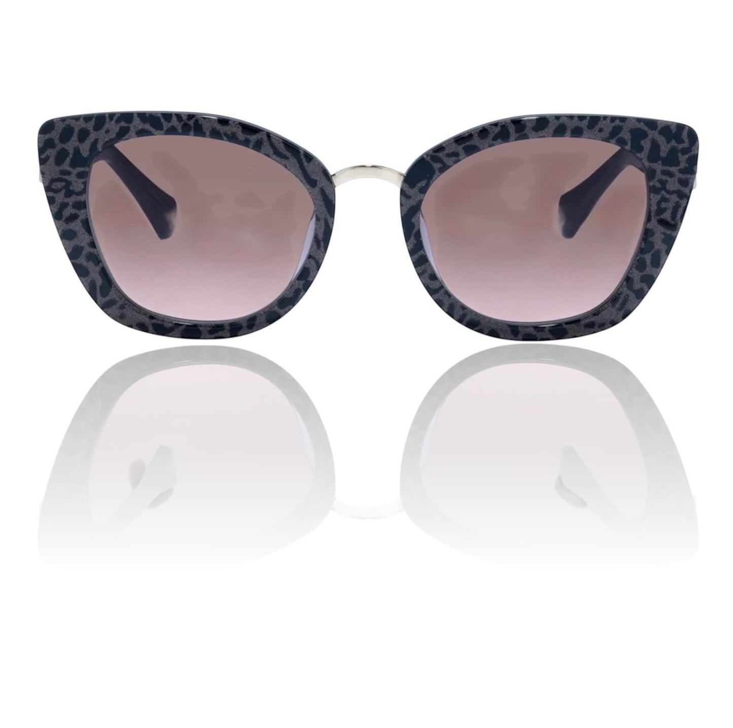 Naked Pear Camilla Nile Goddess cat eye sunglasses in black glitter leopard acetate with a metal nose bridge.