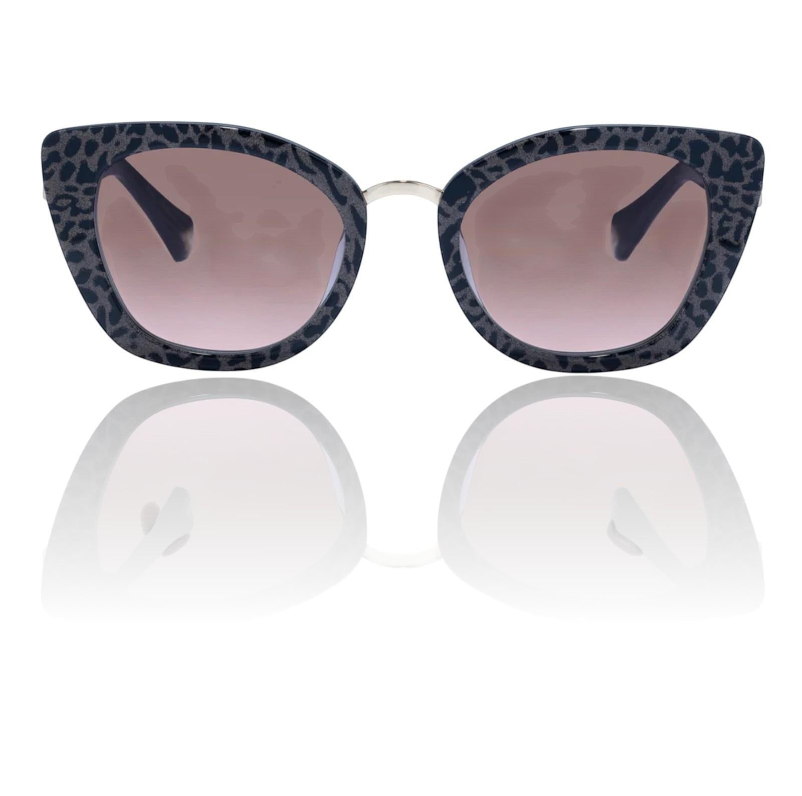 Naked Pear Camilla Nile Goddess cat eye sunglasses in black glitter leopard acetate with a metal nose bridge.