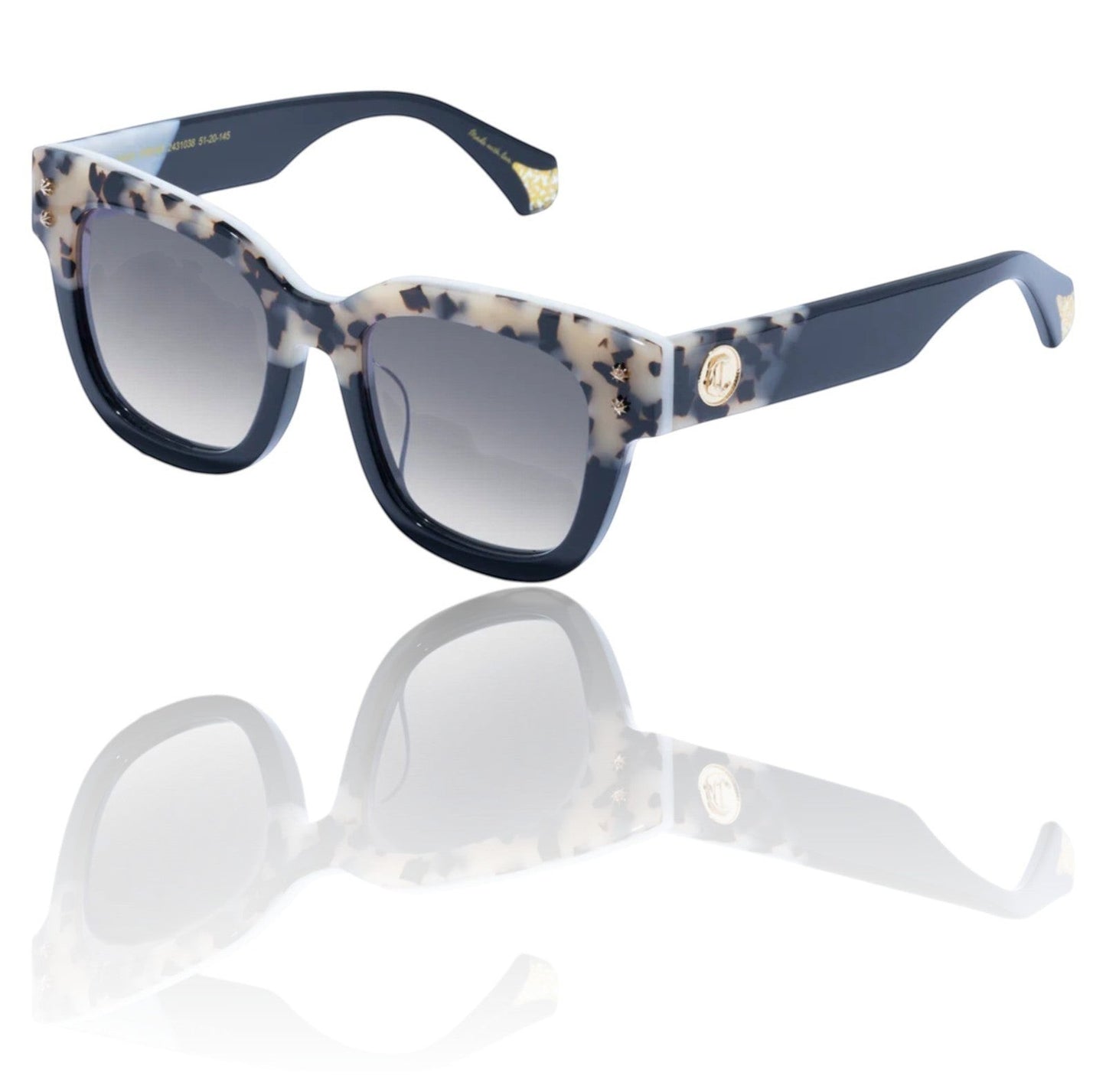 Sunglasses with blue and patterned frame on a white background