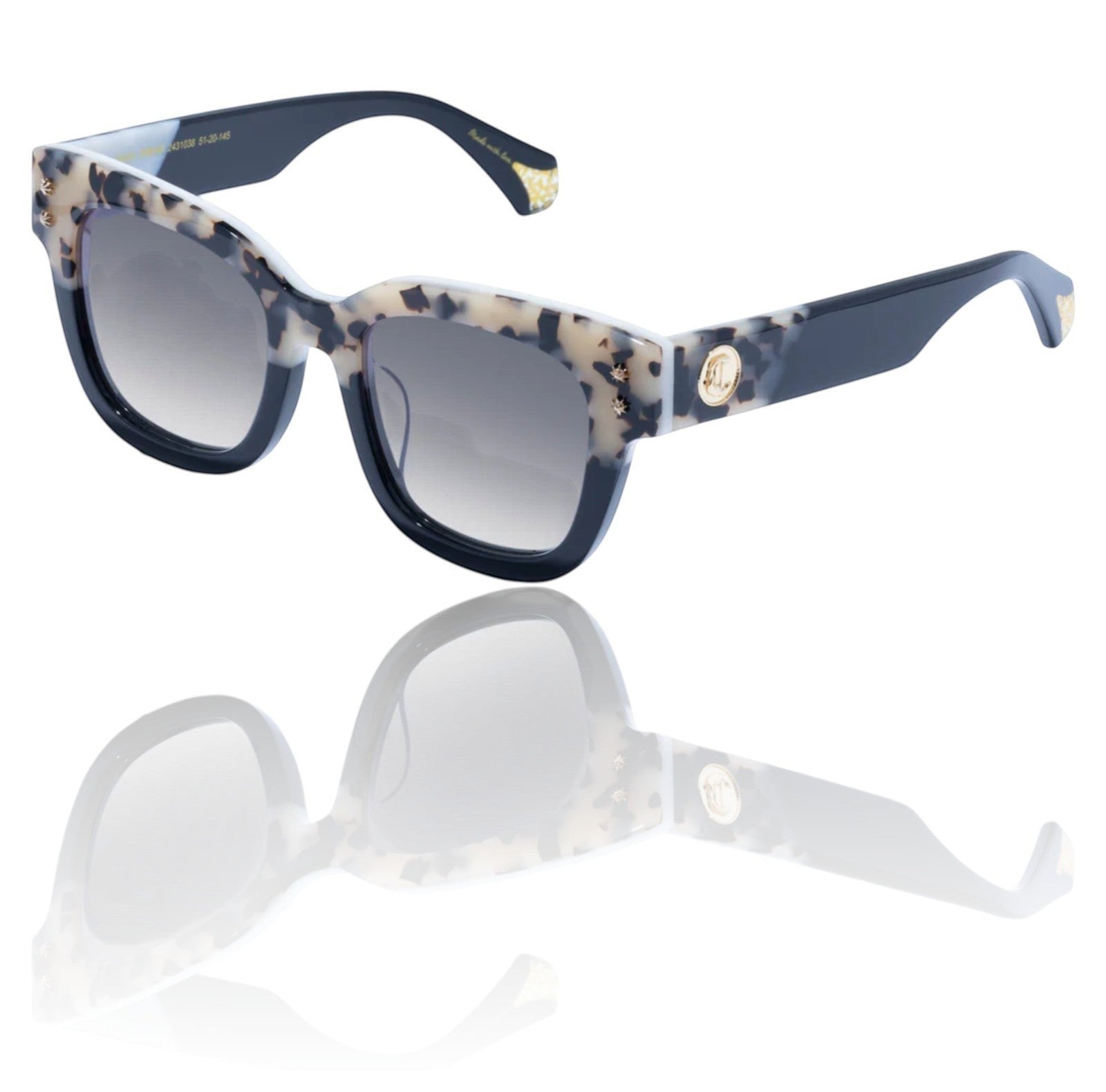 Sunglasses with blue and patterned frame on a white background