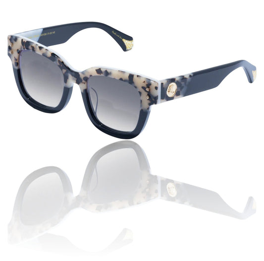 Sunglasses with blue and patterned frame on a white background