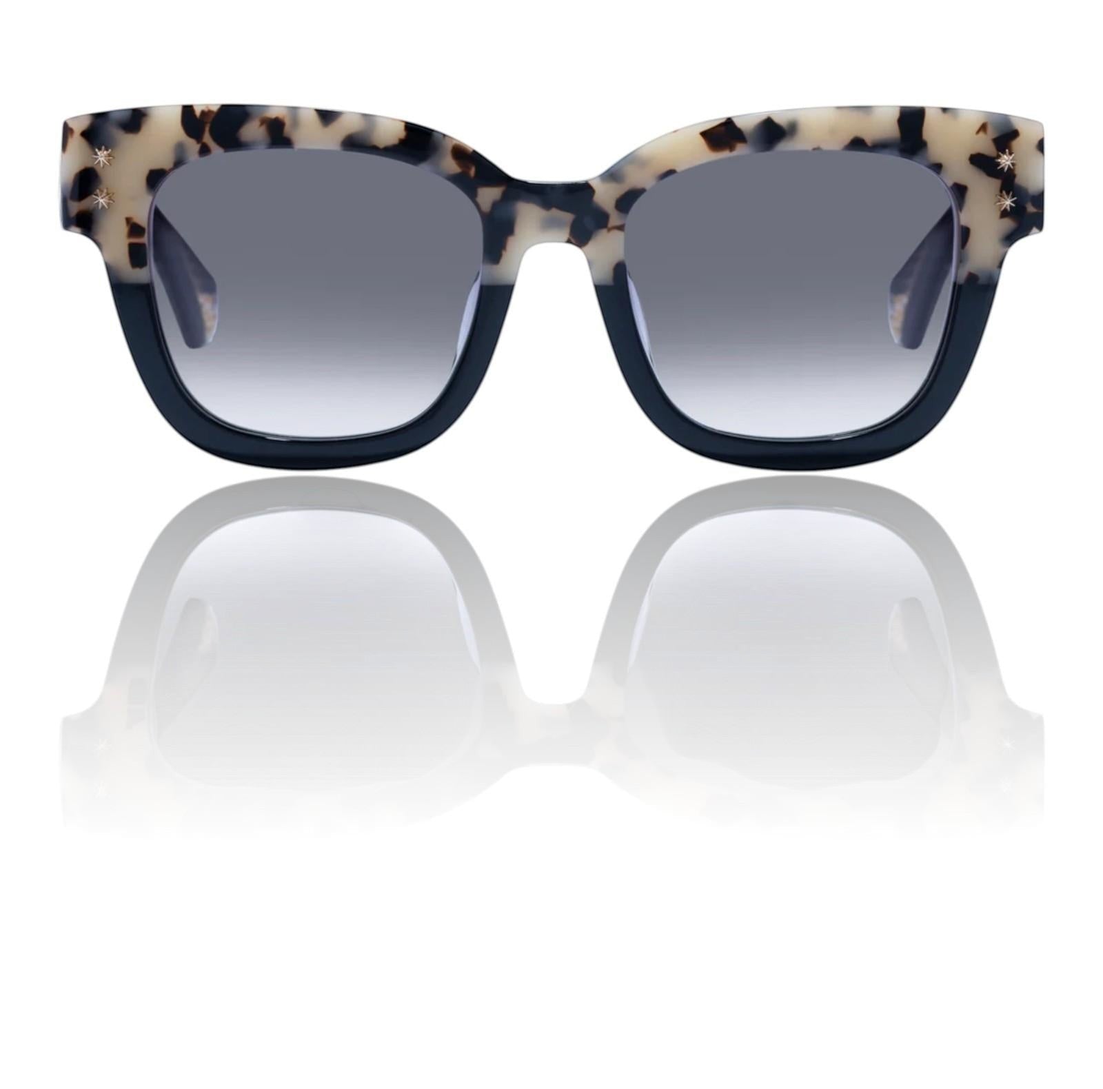 Sunglasses with a tortoiseshell frame and dark lenses on a white background