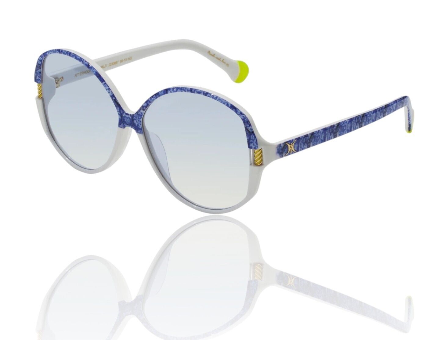 A pair of round, oversized sunglasses with blue and white Positano print and gold detailing, featuring twist column hardware and sunshine yellow enamel fill.
