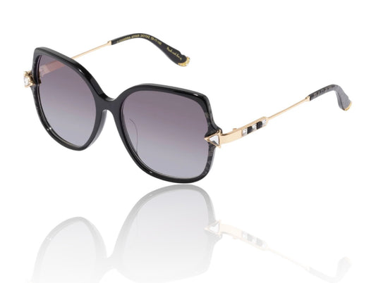 Sunglasses with black frame and gradient lenses on a white background